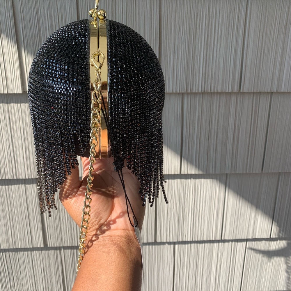 UNIQUE Black Rhinestone Fringe Ball Clutch Bag - Picture 4 of 13